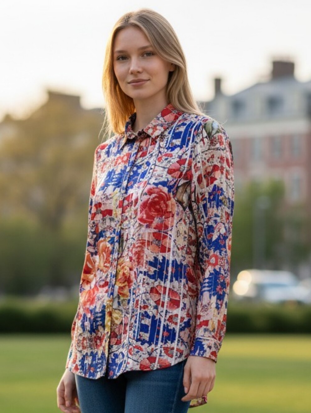 Vintage Guess Floral Button-Front Satin Shirt in Blue, Orange & Yellow